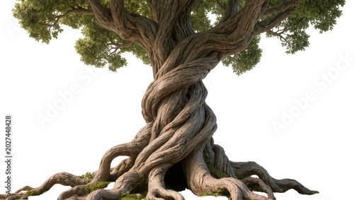 Photos Massive ancient gnarled tree with twisted trunk and sprawling roots, isolated on