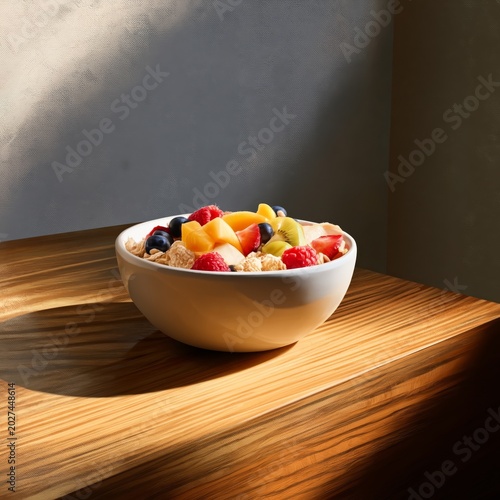 Healthy Fruit Bowl on Wooden Table With Light Streaming in From Window in the...