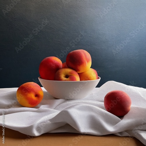 Fresh Peaches in a Bowl on a White Tablecloth With Flowers in the Background ...