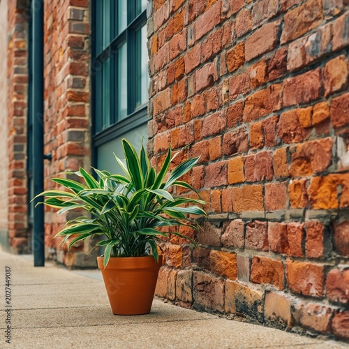 Green Plant in a Pot Placed by a Brick Wall on a Sunny Day in the City