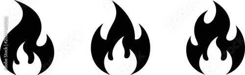 Foto Three solid black flame icons in varying sizes and shapes on a white background