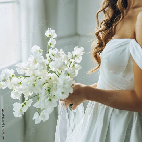 Woman Holding a Bouquet of White Flowers in a Bright Room During the Daytime