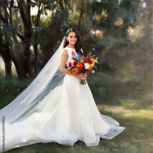 Bride Holds Colorful Bouquet Outdoors With Trees in the Background During a S...