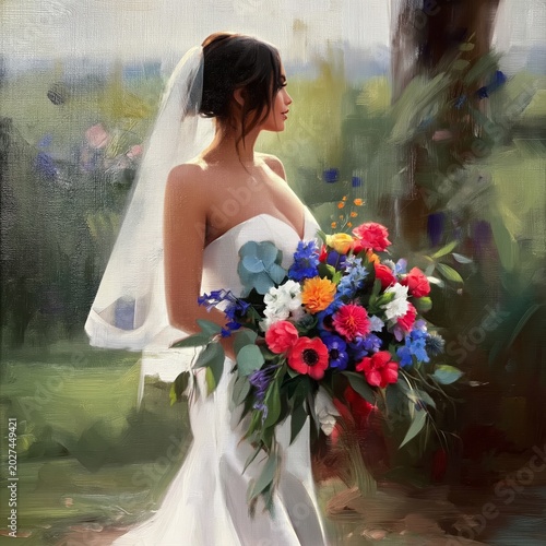Bride Holds Colorful Bouquet Outdoors With Trees in the Background During a S...