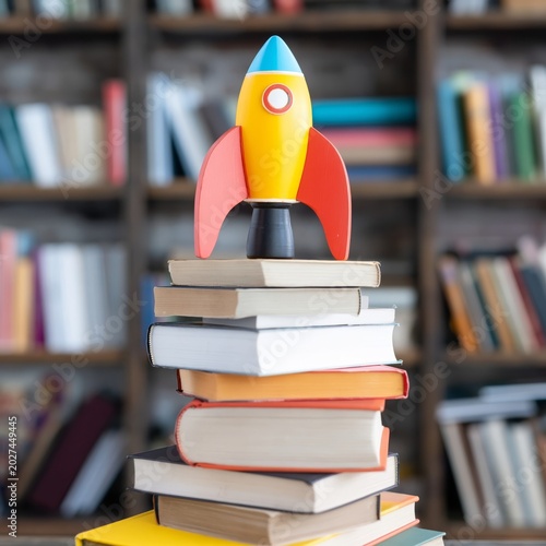Colorful Rocket Sits on Stack of Books on Table Against Dark Background