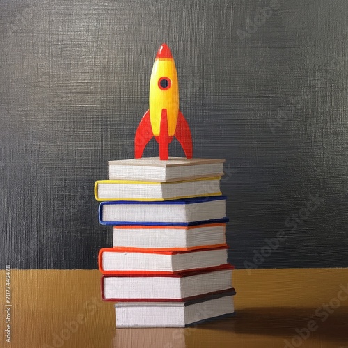 Colorful Rocket Sits on Stack of Books on Table Against Dark Background