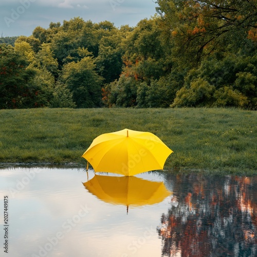 Yellow Umbrella Stands in Puddle During Rain by Green Trees in Park on Cloudy...