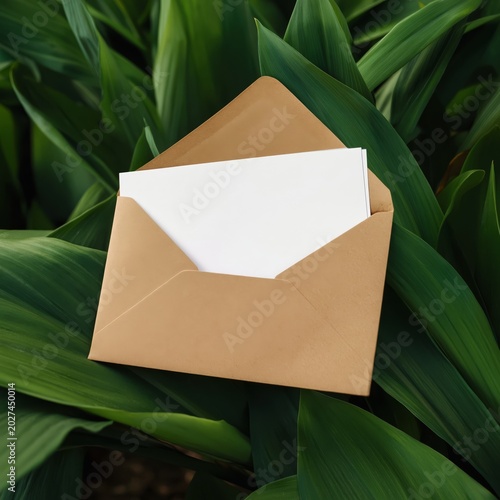 Envelope on Green Leaves Holds Blank Paper Inside for Writing Notes or Letters