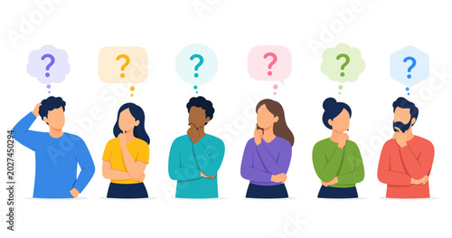 Canvas Print Diverse group of people thinking with question marks above their heads, illustra