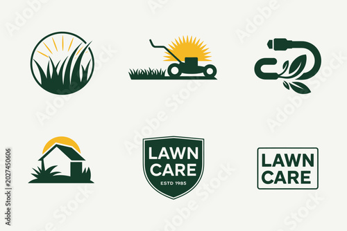 Foto Lawn Care Logo Design Collection Representing Landscaping Gardening and Property