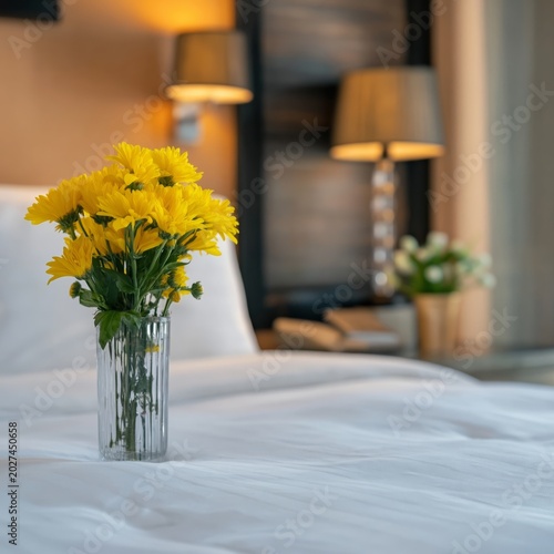 Bright Yellow Flowers in Glass Vase Near Bed in Modern Bedroom Setting