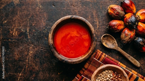 Flat Lay of Unrefined Red Palm Oil in Wooden Bowl and Fresh Oil Palm Fruits on Rustic Table