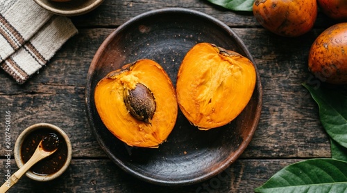 Overhead View of Halved Mamey Sapote Fruit with Vibrant Orange Pulp on Rustic Clay Plate