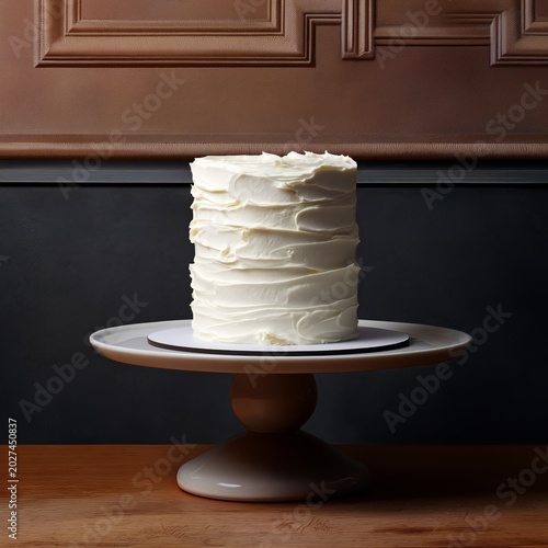 Cake on a Stand in a Room With Brown Walls and Wooden Table at a Bakery