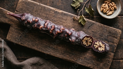 Artisanal Walnut Churchkhela Confectionery on Rustic Wooden Board Moody Food Styling