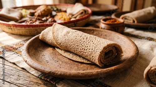 Authentic Rolled Injera Flatbread on Traditional Clay Plate Ethiopian Culinary Culture