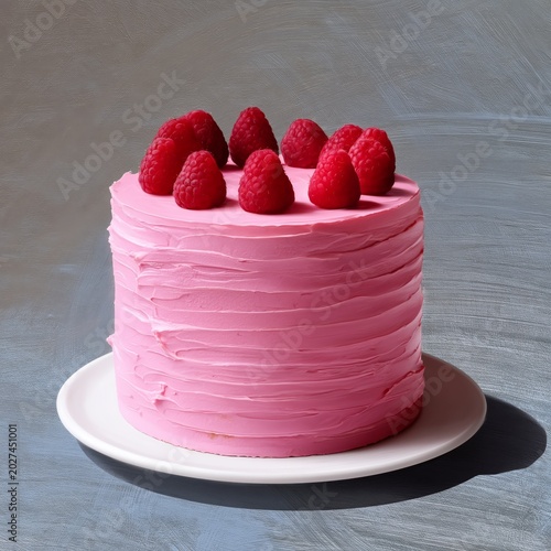 Delicious Pink Cake With Raspberries Displayed on a White Plate in a Bright S...