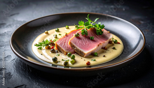 Vitello tonnato with creamy tuna sauce and capers in refined fine dining presentation

