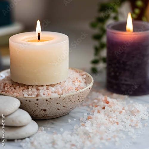 Candles and Salt in a Bowl With Stones on a Table