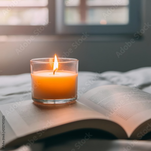 Warm Candle Light Shines on Open Book by Window in Cozy Room at Evening