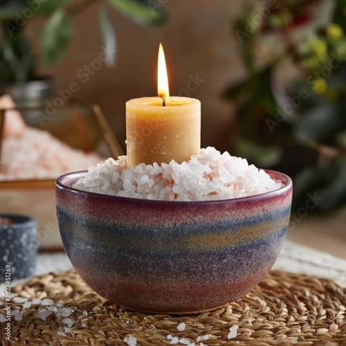 Candles and Salt in a Bowl With Stones on a Table