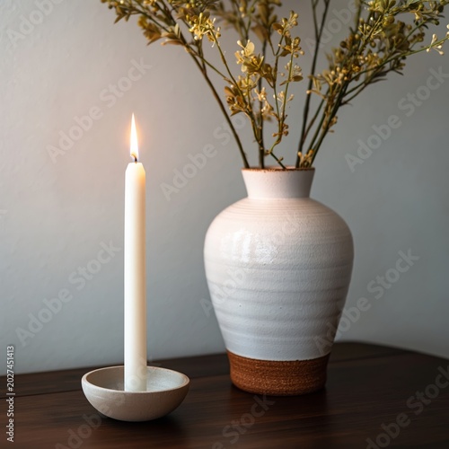 Candle Burning on a Table Next to a White Vase in a Simple Interior Setting D...