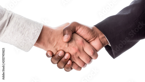 Картината върху платно Two diverse hands shaking firmly one in a grey shirt the other in a black suit,