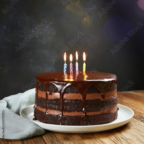 Chocolate Cake With Candles on Plate for a Birthday Celebration in Indoor Set...
