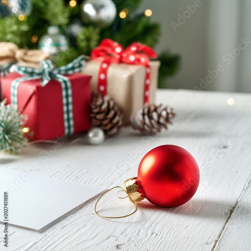 Red Ornament Sits on a Table With a Card and Christmas Tree in the Background...