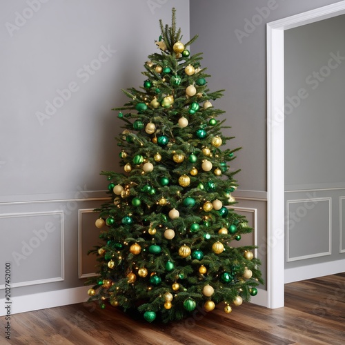 Christmas Tree With Green and Gold Ornaments in a Living Room by Windows in t...