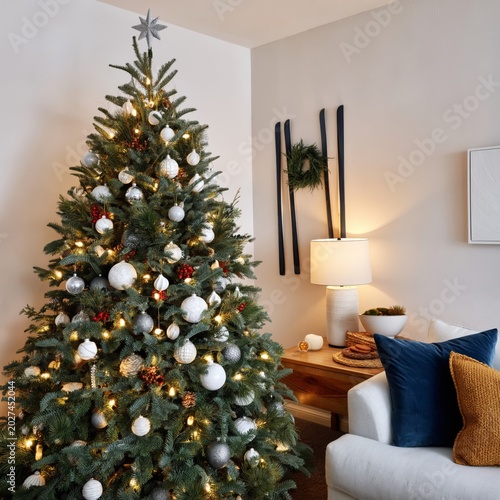 Decorated Christmas Tree in a Cozy Living Room With Festive Lights During the...