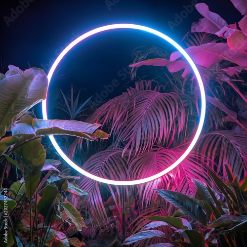 Bright Circle of Light in a Tropical Setting During Nighttime With Lush Plants