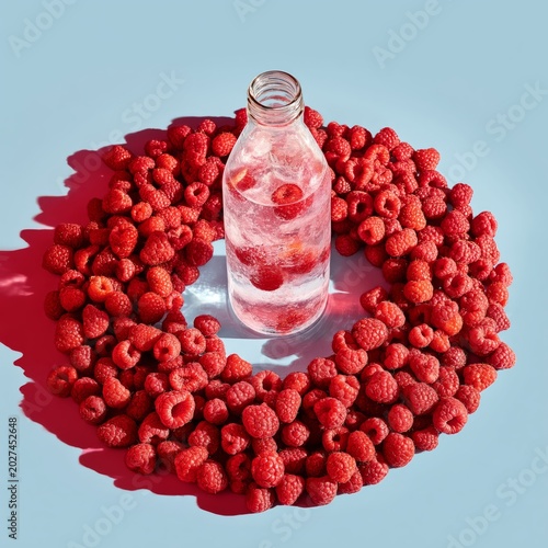 Raspberry Water Bottle Surrounded by Fresh Raspberries on a Blue Background D...