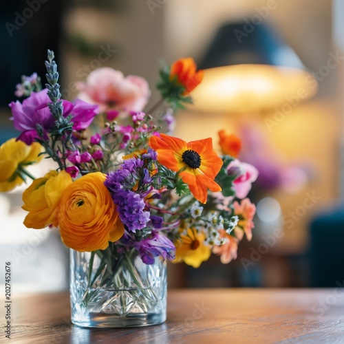 Bright Flowers in a Clear Vase Placed on a Wooden Table in a Well-Lit Room Du...