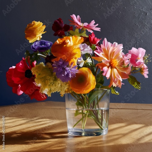 Bright Flowers in a Clear Vase Placed on a Wooden Table in a Well-Lit Room Du...