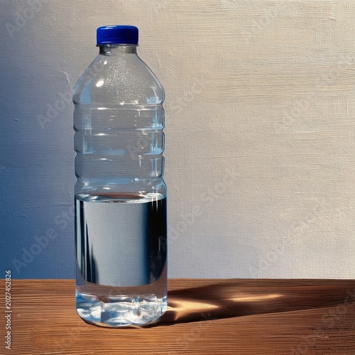 Water Bottle on Wood Table With Sunlight Creating Shadows in a Simple Setting