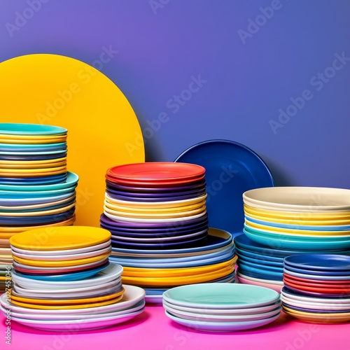 Colorful Plates Stacked in Different Sizes With Bright Backgrounds and Variou...