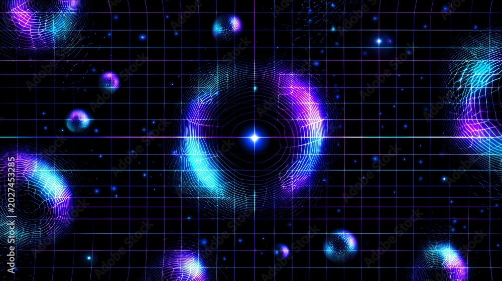 Obraz premium Cosmic Singularity and Gravity Well Concept with Glowing Neon Grid and Blue Star Burst Space Illustration