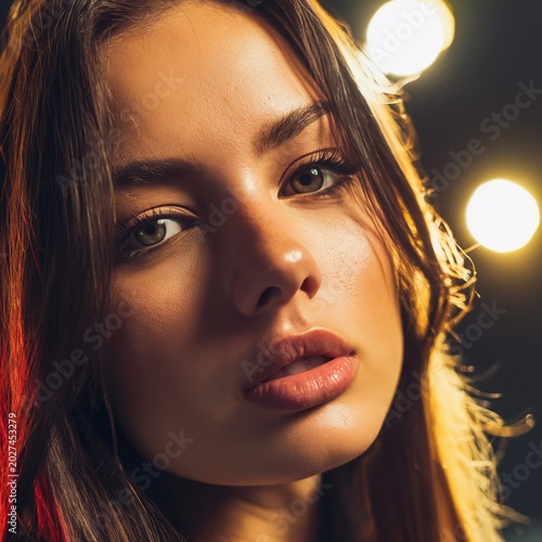 Young Woman Poses in Soft Light With Bright Colors in the Background at a Stu...