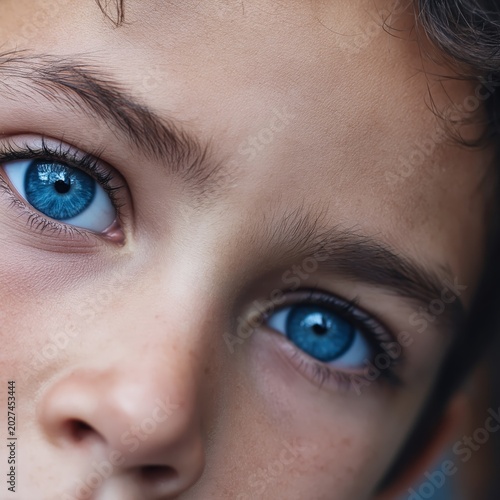 Young Boy With Blue Eyes Looking Directly at the Camera in a Green Outdoor Se...