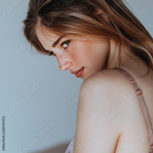 Model Poses in Low Light Setting With Soft Glow Highlighting Features and Sho...