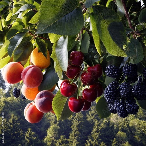 Fruit Trees Bear Cherries, Apricots, and Blackberries in Sunny Orchard Setting