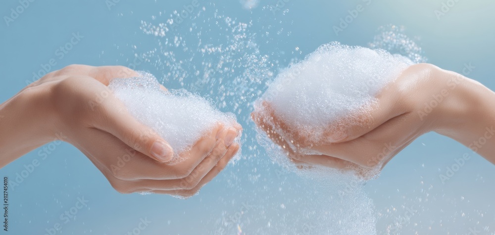 Fototapeta premium The Foam in Hands with Sparkling Water Splash and Clean Hygiene Concept