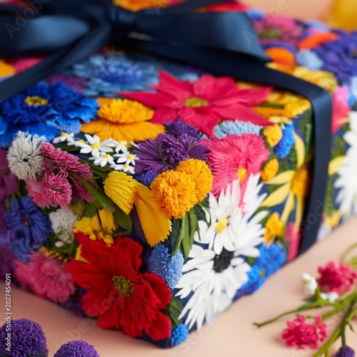 Colorful Gift Box Covered in Flowers Sits on a Table With Fresh Blooms Around It