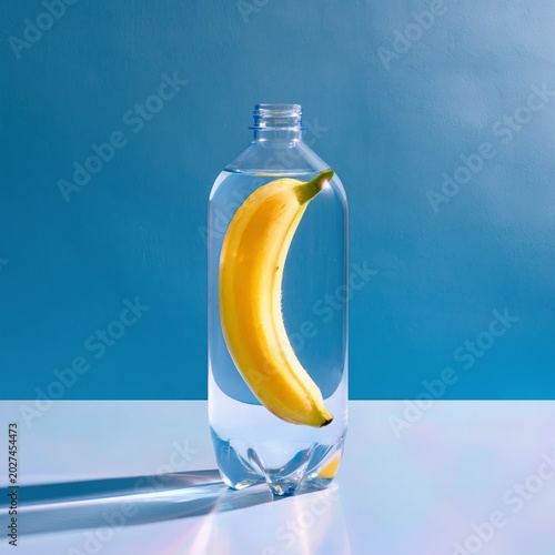 Banana Floating in Clear Water Inside a Plastic Bottle on a Blue Background