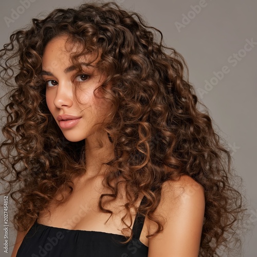 Curly Hair Model Poses in a Studio With a Plain Background During a Photoshoo...