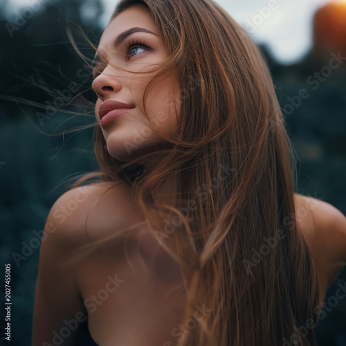 Curly Hair Model Poses in a Studio With a Plain Background During a Photoshoo...