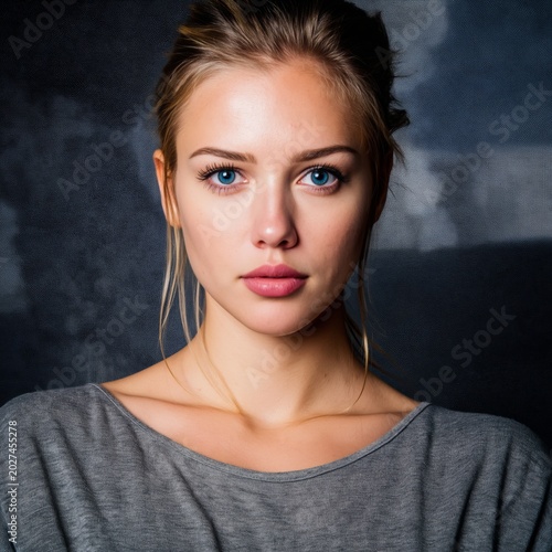 Young Woman With Blue Eyes and Light Hair in a Close-Up Shot Indoors