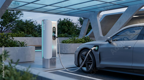 Futuristic electric car charging station in a modern urban setting.