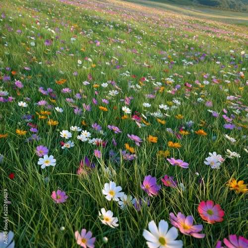 Colorful Flowers Bloom in a Wide Green Field During the Day in Spring